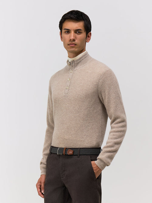 Pull col boutonné en cachemire beige - 1 - Father & Sons   - 4 