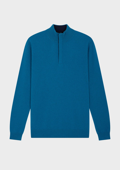 Pull col zippé en cachemire uni bleu paon - Father & Sons   - 1 