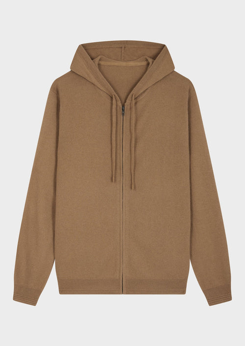 Gilet à capuche zippé en cachemire uni camel - 1 - Father & Sons   - 7 