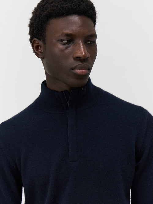 Pull col zippé en cachemire bleu marine - Father & Sons   - 3 