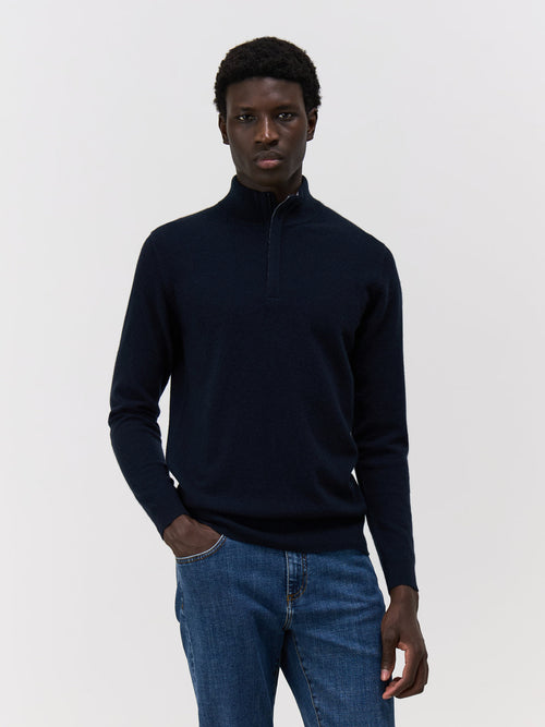 Pull col zippé en cachemire bleu marine - 1 - Father & Sons   - 16 