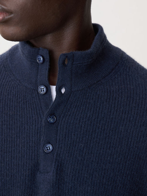 Pull col boutonné en cachemire bleu indigo - Father & Sons   - 4 
