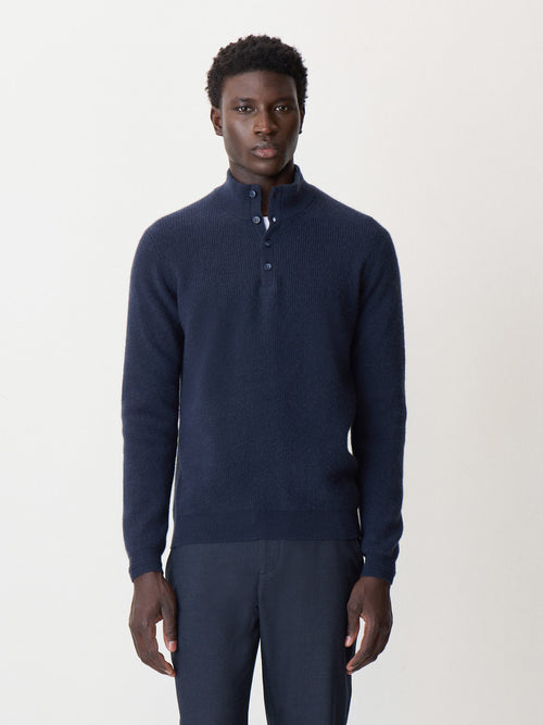 Pull col boutonné en cachemire bleu indigo - 1 - Father & Sons   - 10 