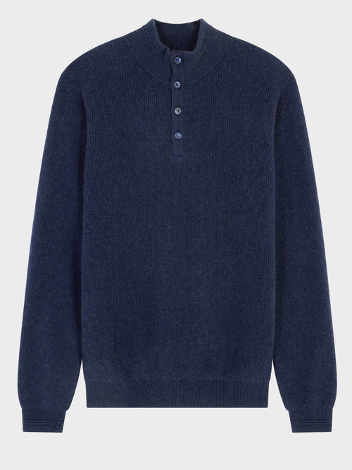 Pull col boutonné en cachemire bleu indigo - Father & Sons   - 5 