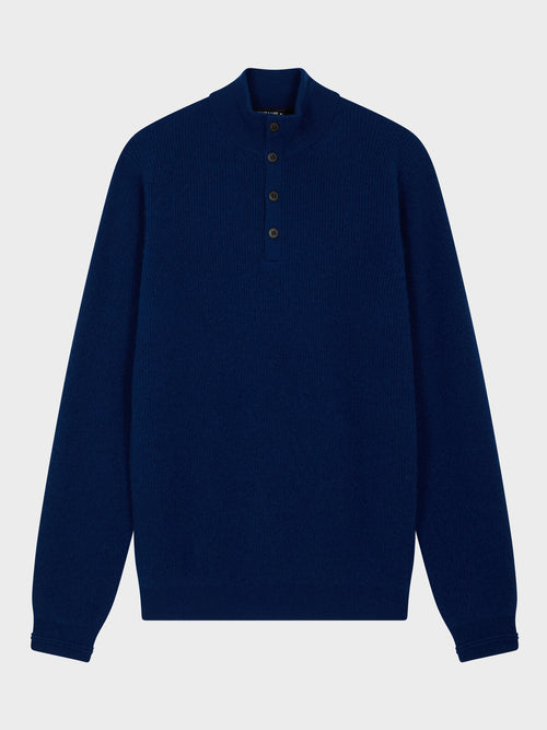 Pull col boutonné en cachemire bleu jeans - Father & Sons   - 1 