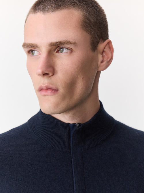 Pull col zippé en cachemire bleu marine - Father & Sons   - 3 