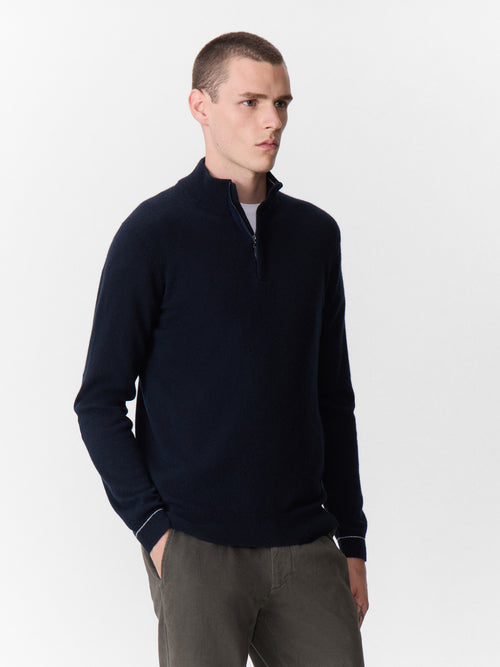 Pull col zippé en cachemire bleu marine - 1 - Father & Sons   - 9 