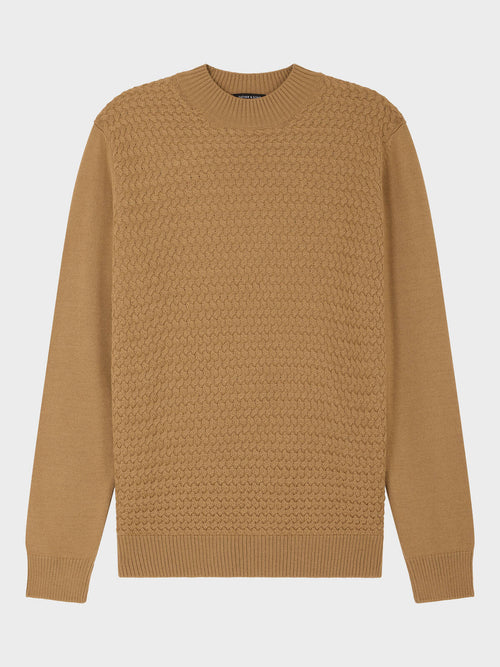 Pull col cheminée en laine Mérinos mélangée camel - Father & Sons   - 1 