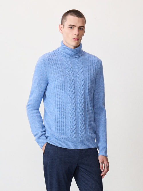 Pull col roulé en laine mélangée bleu ciel - 1 - Father & Sons   - 3 