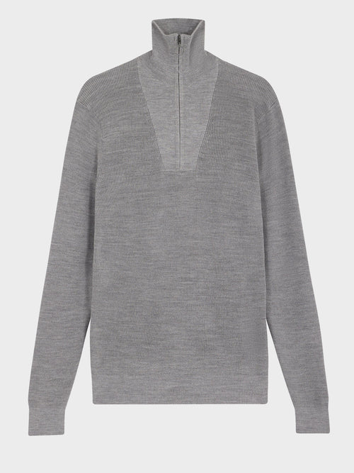 Pull col zippé en laine Mérinos mélangée grise - Father & Sons   - 4 