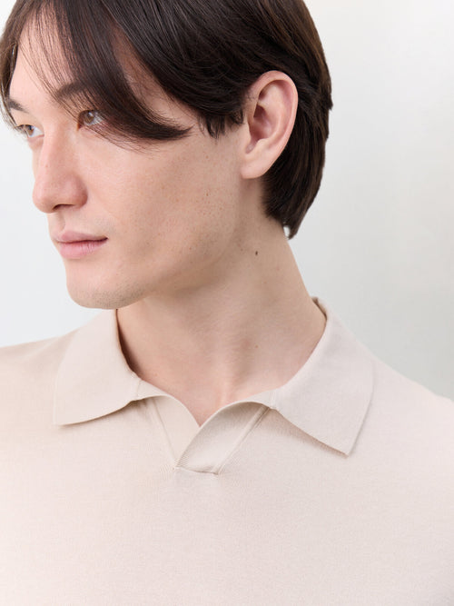 Pull col polo en coton et soie beige foncé - Father & Sons   - 3 