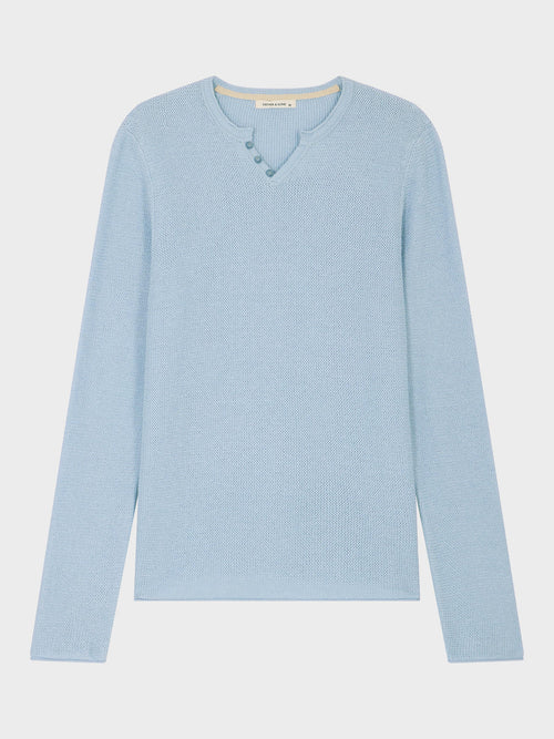 Pull col tunisien en lin et coton bleu ciel - Father & Sons   - 4 