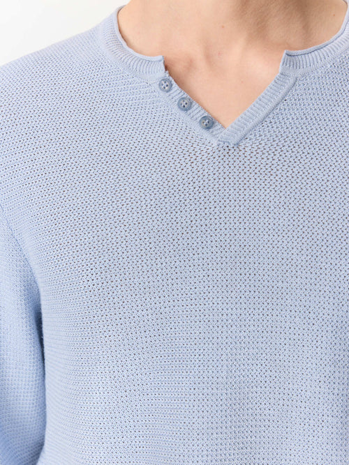 Pull col tunisien en ramie et coton bleu ciel - Father & Sons   - 4 