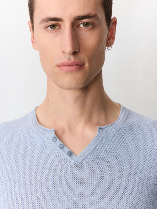 Pull col tunisien en ramie et coton bleu ciel - Father & Sons   - 3 
