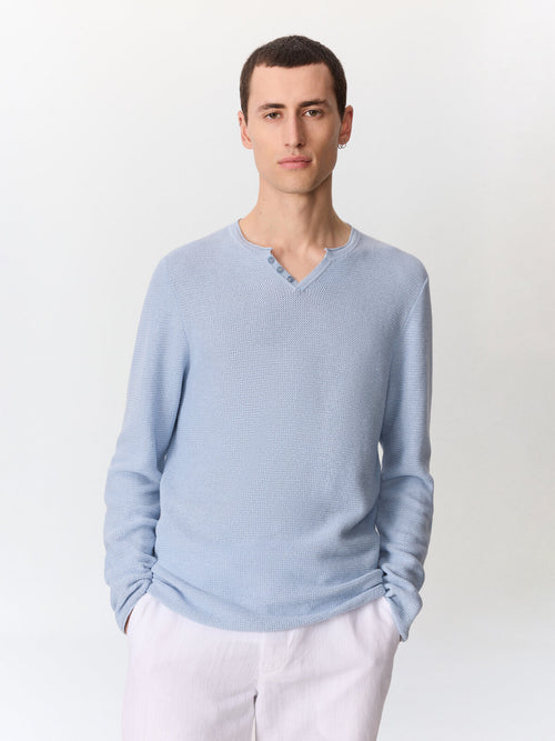 Pull col tunisien en ramie et coton bleu ciel - 1 - Father & Sons   - 7 
