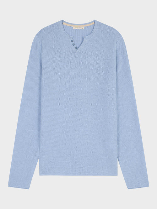 Pull col tunisien en ramie et coton bleu ciel - 1 - Father & Sons   - 19 