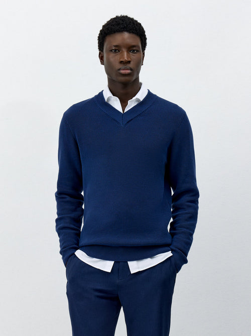 Pull col V en coton bleu indigo Father Sons - Main Image