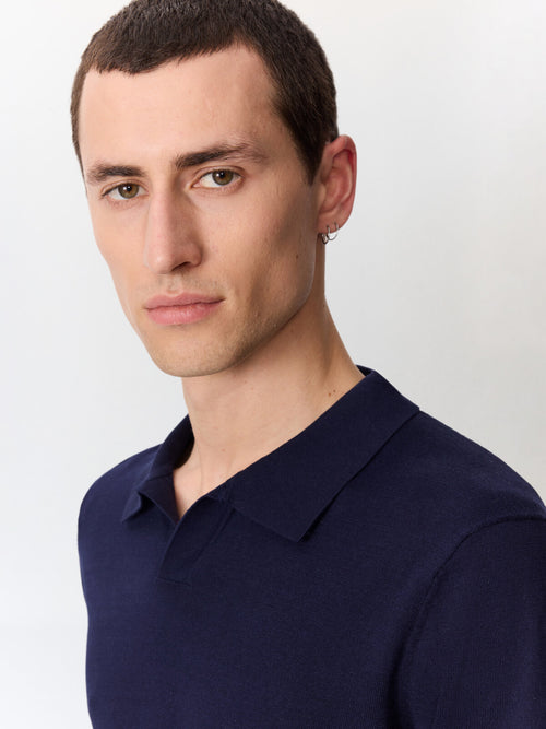 Pull col polo en coton et soie bleu indigo - Father & Sons   - 3 