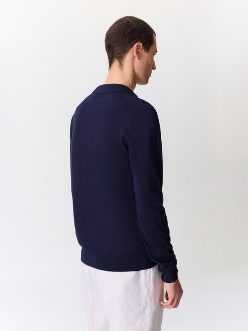 Pull col polo en coton et soie bleu indigo - 2 - Father & Sons   - 6 
