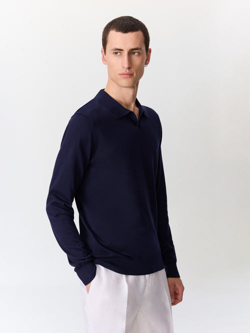 Pull col polo en coton et soie bleu indigo - 1 - Father & Sons   - 6 