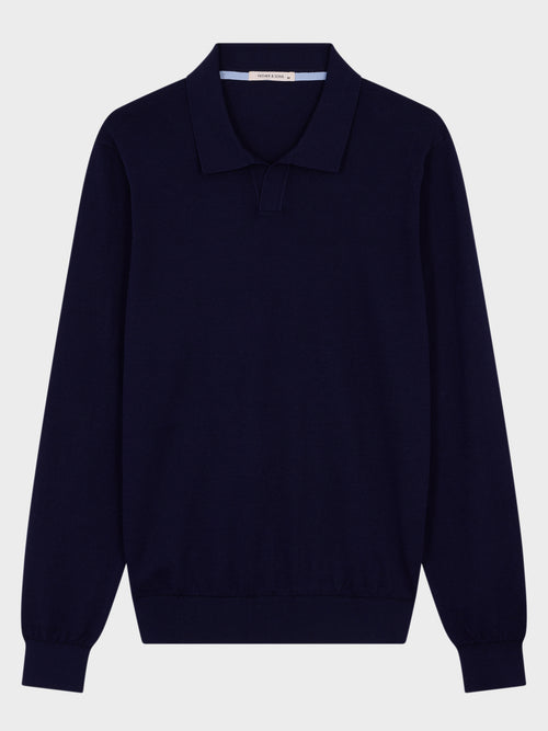 Pull col polo en coton et soie bleu indigo - Father & Sons   - 4 