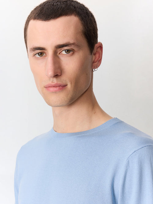 Pull col rond en coton et soie bleu jeans - Father & Sons   - 3 