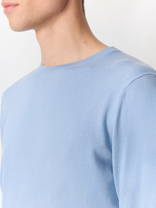 Pull col rond en coton et soie bleu jeans - Father & Sons   - 4 
