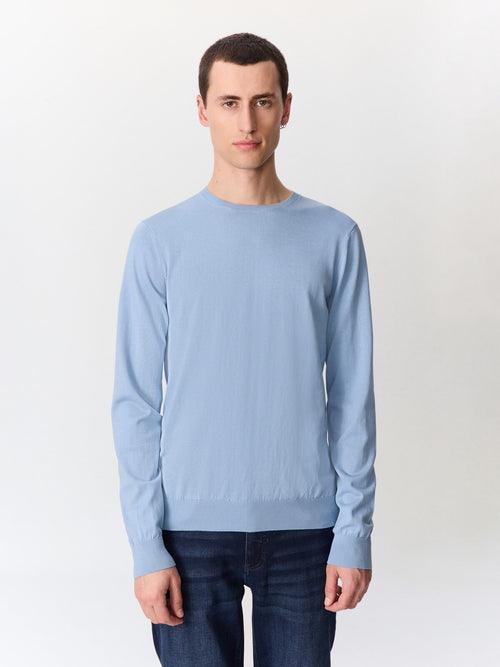 Pull col rond en coton et soie bleu jeans - 1 - Father & Sons   - 8 