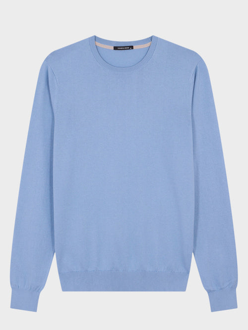 Pull col rond en coton et soie bleu jeans - 1 - Father & Sons   - 8 