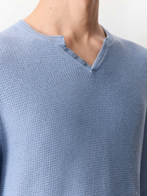 Pull col tunisien en ramie et coton bleu jeans - Father & Sons   - 4 