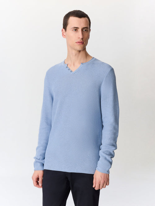 Pull col tunisien en ramie et coton bleu jeans - 1 - Father & Sons   - 5 