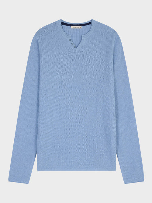 Pull col tunisien en ramie et coton bleu jeans - 1 - Father & Sons   - 8 