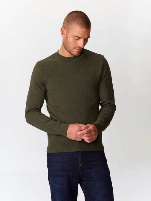 Pull col cheminée boutonné en laine mérinos mélangée kaki - Father & Sons   - 1 
