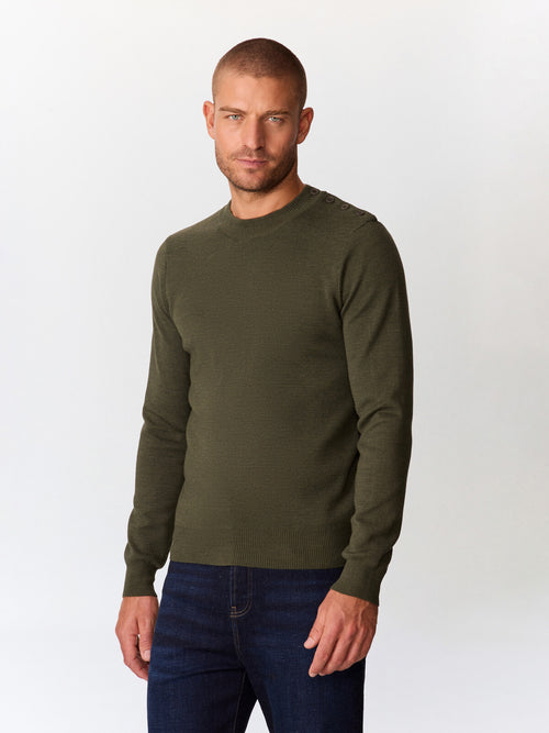 Pull col cheminée boutonné en laine mérinos mélangée kaki - Father & Sons   - 3 