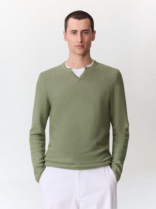 Pull col tunisien en ramie et coton kaki - 1 - Father & Sons   - 1 