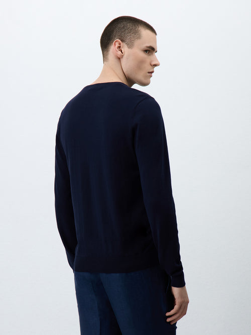 Pull col rond en coton et soie bleu marine - 2 - Father & Sons   - 10 