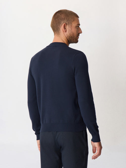 Pull col cheminée boutonné en laine mérinos mélangée bleu marine - 2 - Father & Sons   - 1 