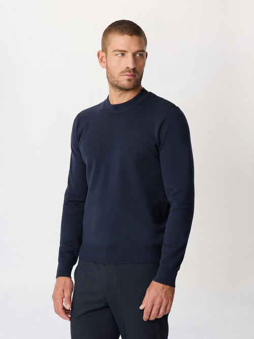 Pull col cheminée boutonné en laine mérinos mélangée bleu marine - 1 - Father & Sons   - 1 