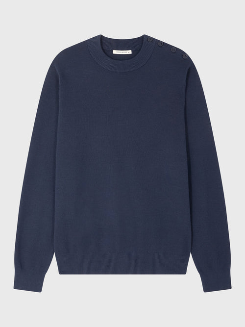 Pull col cheminée boutonné en laine mérinos mélangée bleu marine - Father & Sons   - 5 