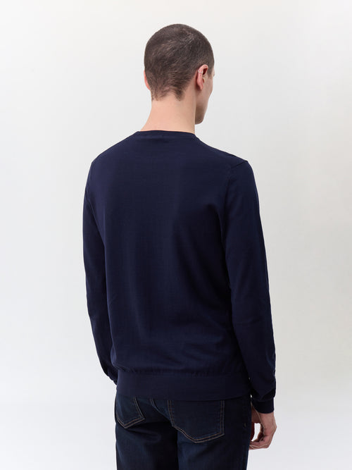 Pull col rond en coton et soie bleu marine - 2 - Father & Sons   - 12 