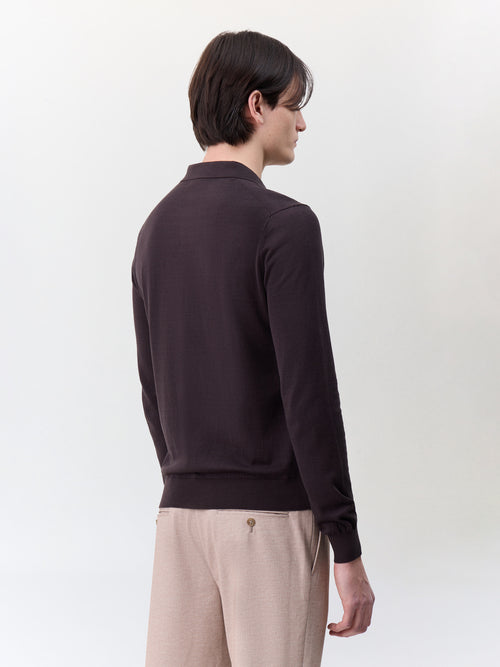 Pull col polo en coton et soie marron - 2 - Father & Sons   - 12 