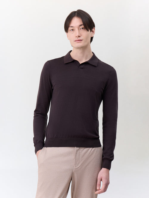 Pull col polo en coton et soie marron - 1 - Father & Sons   - 12 