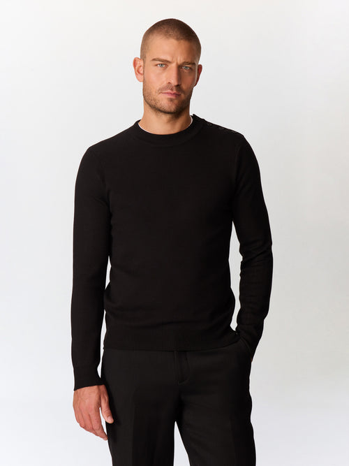 Pull col cheminée boutonné en laine mérinos mélangée noire - Father & Sons   - 1 