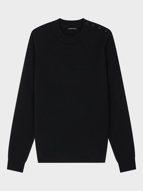 Pull col cheminée boutonné en laine mérinos mélangée noire - Father & Sons   - 4 