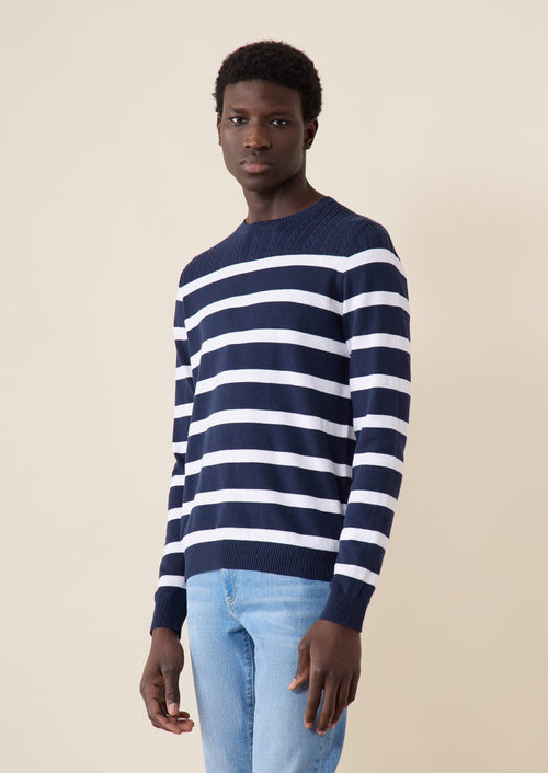 Pull col rond en coton bleu marine à rayures blanches - 1 - Father & Sons   - 12 