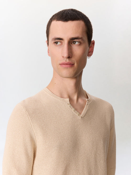 Pull col tunisien en ramie et coton beige clair - Father & Sons   - 3 