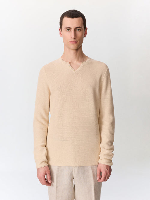 Pull col tunisien en ramie et coton beige clair - 1 - Father & Sons   - 11 