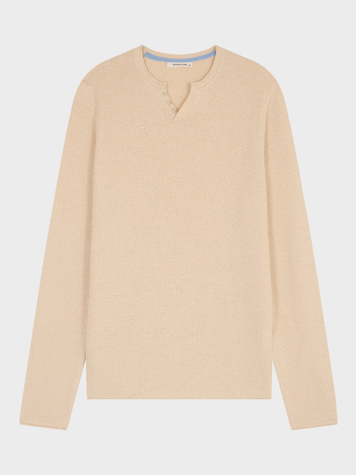 Pull col tunisien en ramie et coton beige clair - 1 - Father & Sons   - 13 