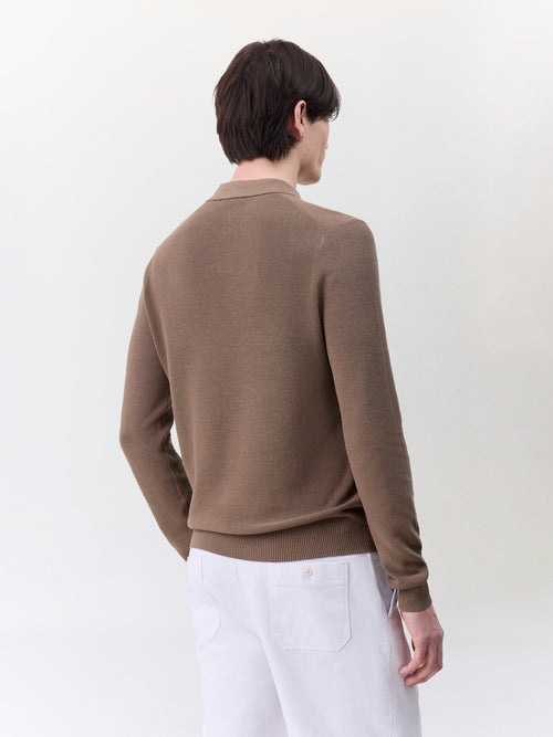 Pull col polo en coton et soie marron - 2 - Father & Sons   - 13 
