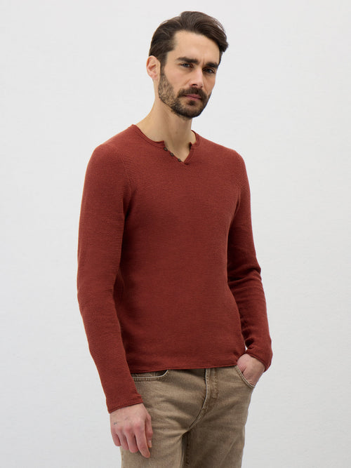 Pull col tunisien en lin et coton terracotta - 1 - Father & Sons   - 7 